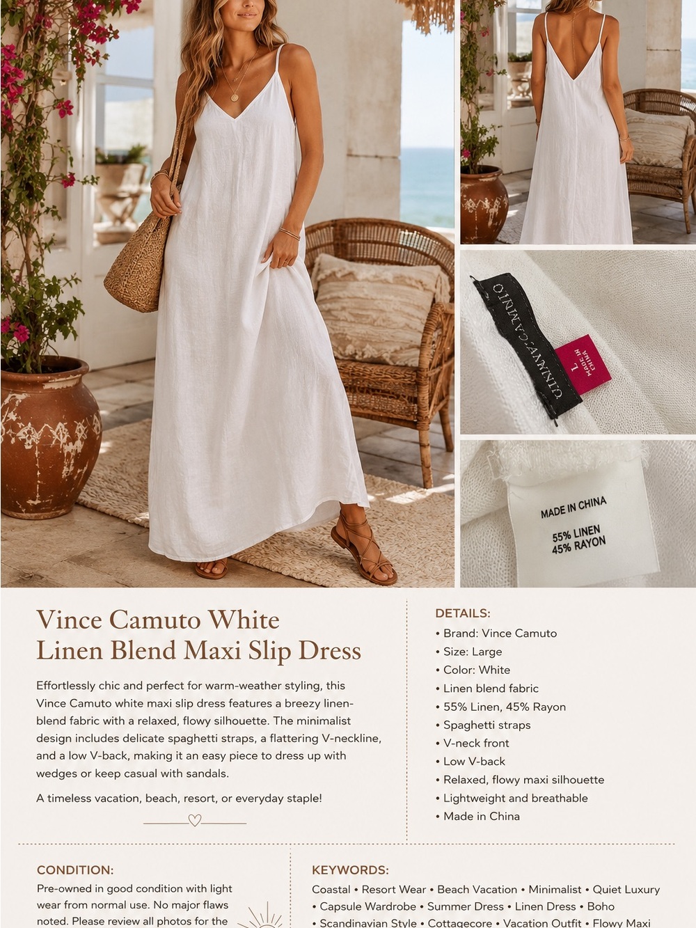 Vince Camuto White Linen-Blend V-Neck Maxi Slip Dress